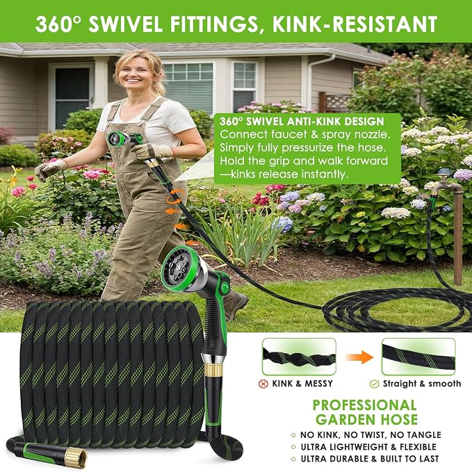 Garden Hose 150 ft, Non-Expandable Ultra-Lightweight Flexible Hose with 360° Dual-End Anti-Kink Design, 10-Pattern Spray Nozzle, 500 PSI Leak-Proof, 96-Strand Braided Fabric, Storage Strap