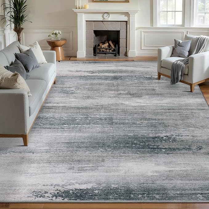 Grey Abstract 5x7 Washable Area Rugs for Living Room, Non Slip Large Rug | Modern Contemporary Indoor Print Carpet, Neutral Soft Low Pile Foldable Floor Rug for Bedroom Dining Room Dorm Grey Decor