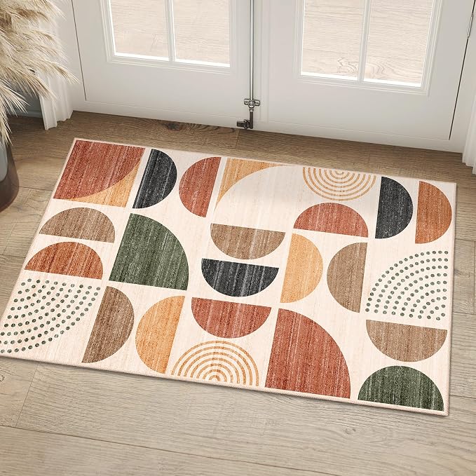 Small Rug Washable,Boho 2x3 Area Rugs Non Slip Modern Abstract | Machine Washable Throw Carpet for Entryway Bathroom Entry Entrance Bedroom Kitchen Soft Low Pile Indoor Bohemian Terracotta