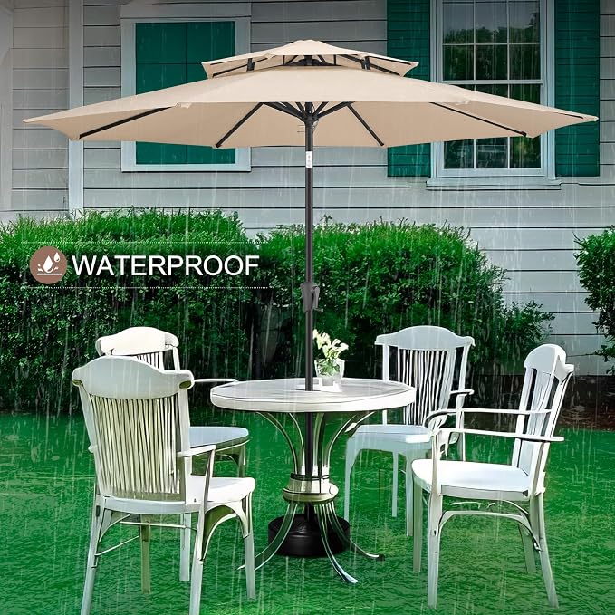 FLAME&SHADE 9ft Patio Umbrella - 2 Tiers Outdoor Umbrella with Push Button Tilt and Crank for UV Protection, Table Market Umbrella for Garden, Deck, Backyard, Pool and Beach(Beige)