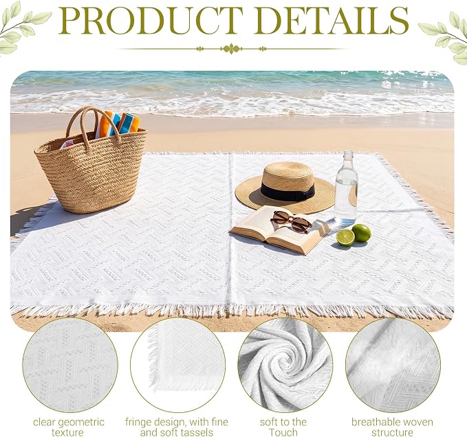 1 Pack White Extra Large Picnic Blanket, Outdoor Picnic Mat, Woven Boho Large Beach Blanket with Fringe for Park, Camping, Lawn or Wedding Photoshoot (91 x 109 Inches)