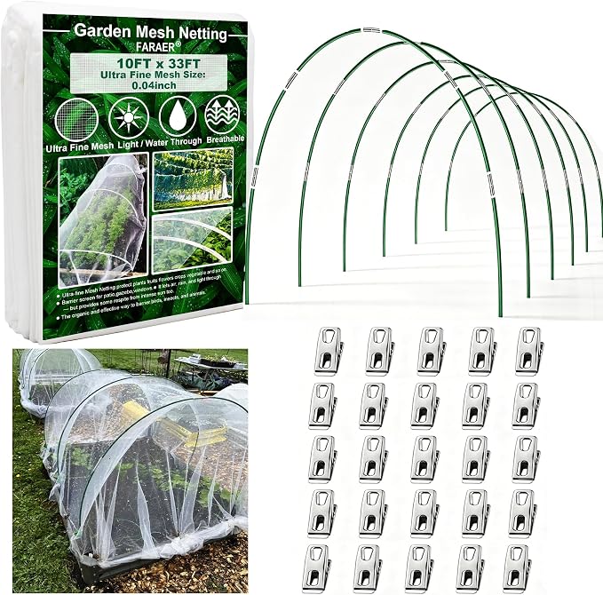 Garden Netting Kit for Raised Beds,10x33ft Ultra Fine Insect Netting Garden Bed Covers & 6 Sets of 8ft Fiberglass Garden Hoops (6 Sets Garden Hoops with White10x33ft Garden Netting)
