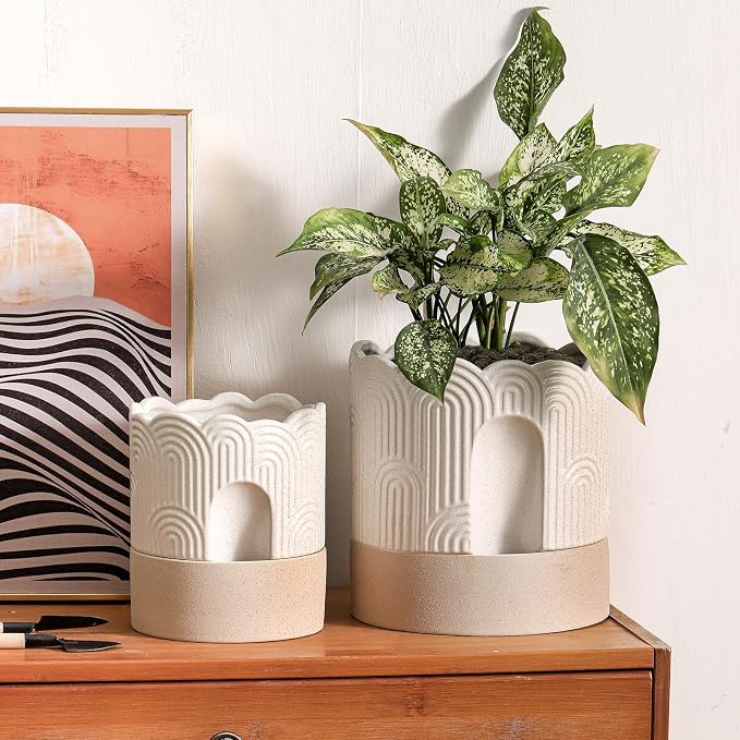 Nihow Self Watering Plant Pot for Indoor Plants : 6 Inch & 8 Inch Ceramic Planter with Drainage Hole & Water Storage - Relief Design Beige & Nature Flower Pot -Set of 2