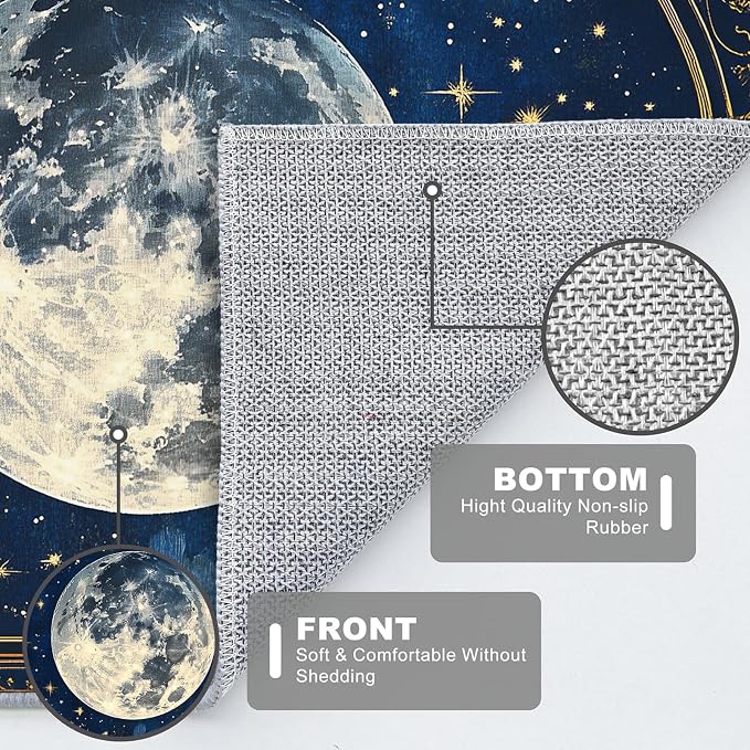 Boho Area Rug for Living Room Vintage Full Moon 3x5 Entryway Rug Modern Celestial Stars Rugs Non Slip Low Pile Machine Washable Blue Golden Floor Carpet for Indoor Bedroom Dining Room Kitchen