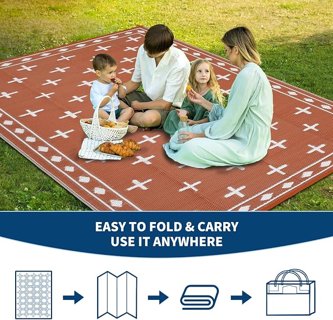 Outdoor Patio Rug 9x18 Waterproof Outside Area Rugs Modern Reversible Plastic Straw Carpet for RV Deck Camping Entryance Porch Picnic Balcony Beach，Orange/White