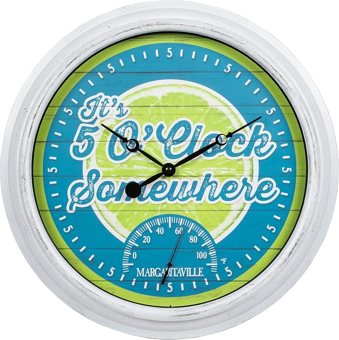 La Crosse Technology 433-3841MV2T 15.75" Indoor/Outdoor Quartz Clock with Temp-Margaritaville It’s 5 O’Clock Somewhere