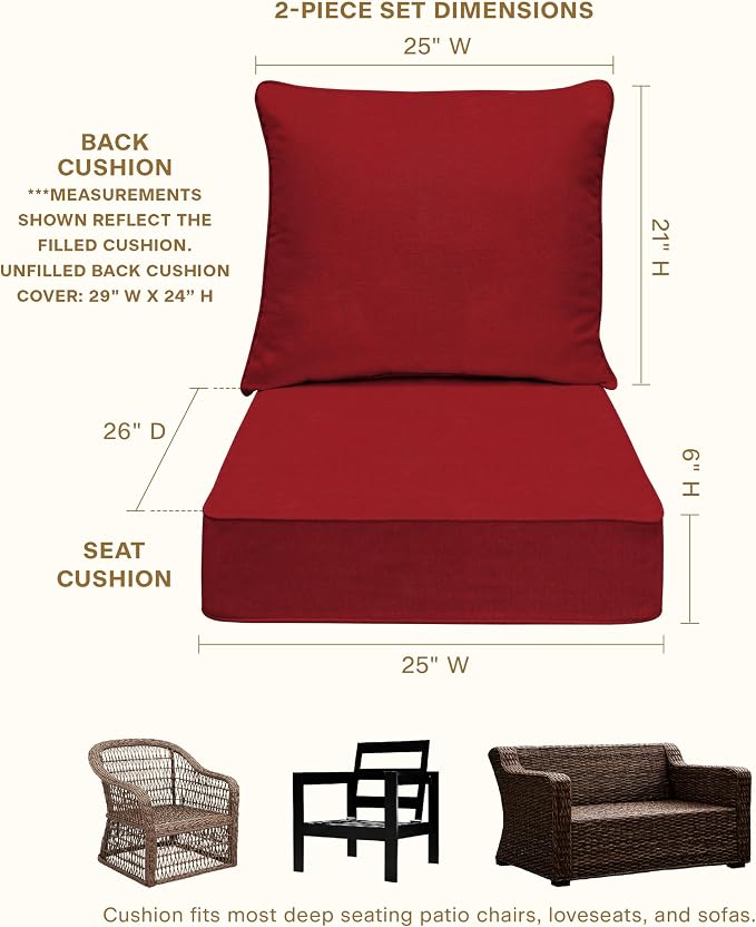 Honeycomb Outdoor Heritage Deep Seat, 25 x 26, Textured Solid Imperial Red Chair Cushion with Removable Cover, for Patio Furniture