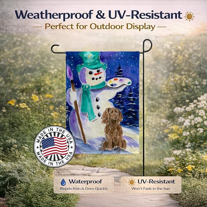 Caroline's Treasures SS1001GF Artist Snowman with Boykin Spaniel Garden Flag Mailbox Flag Decorative Yard Flag Banner Outside Patio Artwork Yard Flower Beds, Garden Size, Multicolor