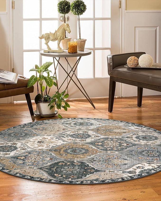 Lahome Moroccan Washable Round Rugs, Soft Vintage Round Rug 4ft | Distress Circle Carpet for Entryway Bathroom Bedroom Non Slip Low Pile Stain Resistant Accent Rug Elise, Grey