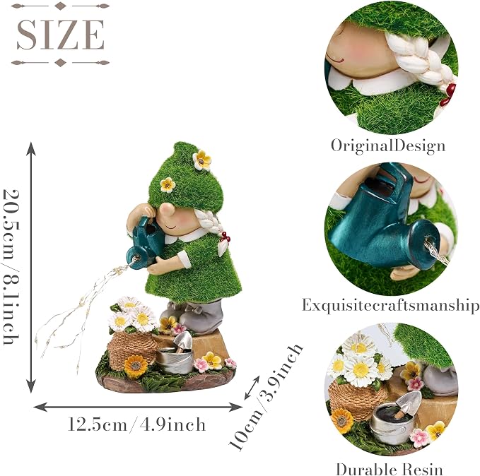 TERESA'S COLLECTIONS Garden Gnome Ornaments with Solar Outdoor Lights for Garden Decor, Lady Gnome Watering Flower Resin Outdoor Christmas Decorations Gifts for Women and Man 7.9"