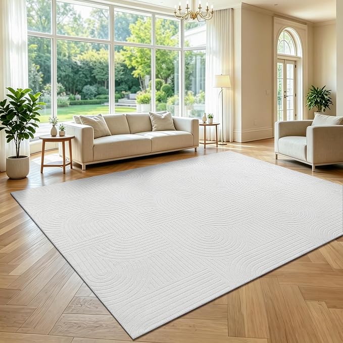 Pauwer 8x10 Area Rugs for Living Room, Modern Non Slip Washable Rug, White | Arch Pattern, Soft Fluffy, Neutral, Boho Accent, Solid Color Floor Carpet, For Kids Room Dining Room Nursery Entryway