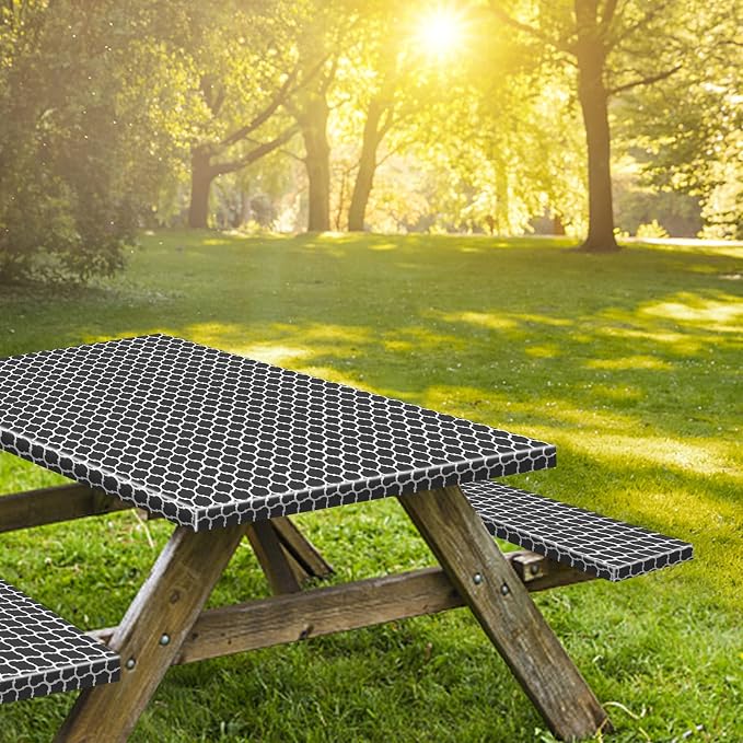 6ft Picnic Table and Bench Cover, Camping Essentials RV Gear, 72 in Waterproof Windproof Outdoor Elastic All Around Tablecloth, Fitted Rectangle Tables and Seats, Black-White Moroccan