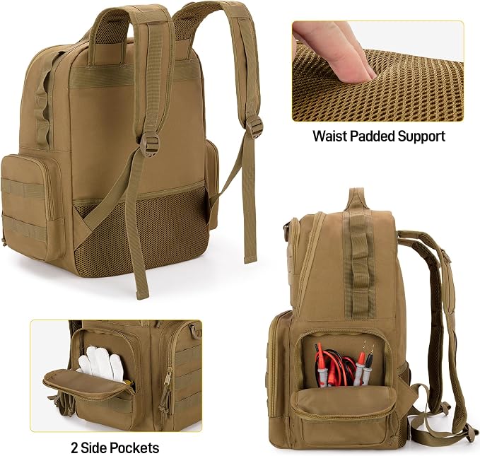 Rexmica Tool Bag Backpack for Men with 3 Tool Pouches, Heavy-Duty Tool Storage Organizer Bag with Padded Shoulder & Waist Support, Tactical Work Tool Bag for Electrician, Repairman, HVAC Techs, Khaki