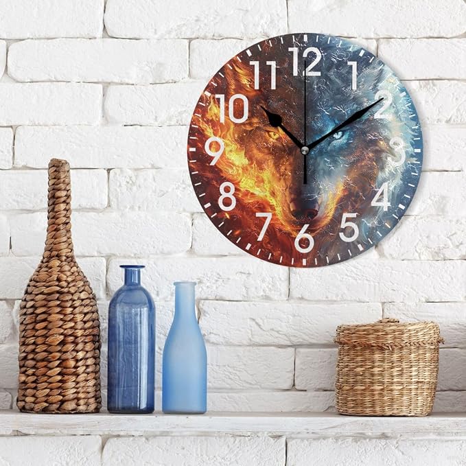 ALAZA Home Decor Fire Eye Wolf Animal Round Acrylic 9.84 Inch Wall Clock Non Ticking Silent Clock Art for Living Room Kitchen Bedroom