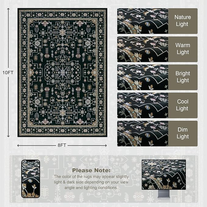 8x10 Area Rugs Living Room: Washable Vintage Rug for Bedroom Black | Boho No Slip Stain Resistant Rug Soft Indoor Decor Floor Floral Area Rugs for Dining Room, Nursery, Hallway, Home Office
