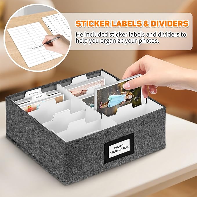 Photo Storage Box with Lid, Photo Organizer Box Fits Holds up to 1700 and 4x6 Pictures, with 8 Adjustable Dividers, 60 Labels, Photo Album Box for Envelopes, Scrapbooking, Recipes, Cards, Stamps