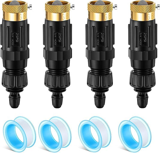 Drip Irrigation Faucet Adapter 25 PSI, 1/4" Tubing Quick Connect to 3/4" Garden Hose with Backflow Preventer, Filter, Tape, Pressure Regulator, Copper Drip Irrigation System Fittings (4 Pack)