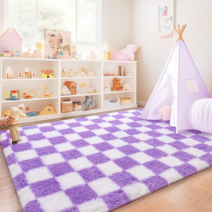 Checkered Rugs for Bedroom, Ultra Fluffy Fuzzy Shag Area Rug for Living Room 5x7, Modern Plush Soft Upgrade Non-Slip Carpet for Kid Girls and Boys Room Dorm Nursery Home Decor, White and Purple