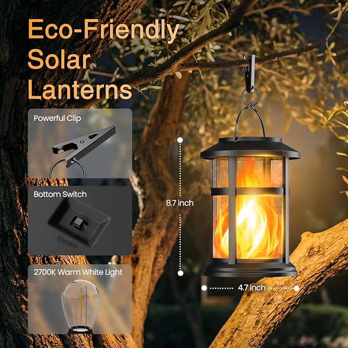 Otdair 2 Pack Solar Lanterns Outdoor Waterproof, Upgraded Flickering Flame Hanging Solar Lights for Outside, Solar Powered Lantern for Patio Yard Garden Porch Decor, Gift for Mom Housewarming
