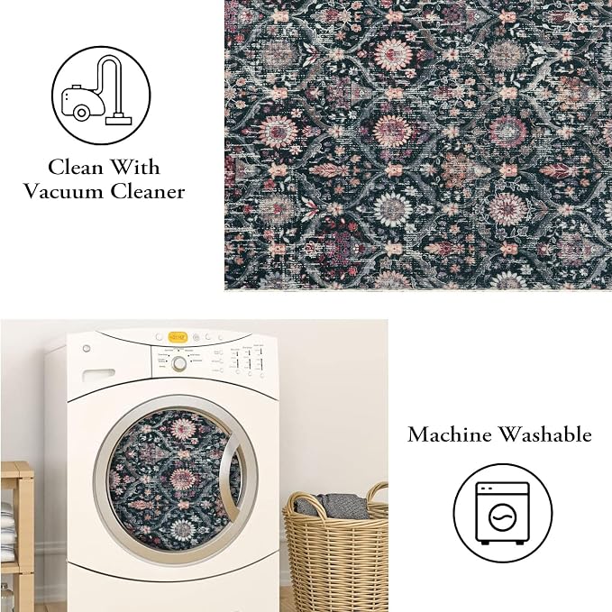 Lahome Moroccan Washable Rugs for Living Room, 4x6 Rug for Bedroom Non-Slip | Non-Slip Vintage Trellis Ultra-Thin Throw Carpet for Dining Room Office Nursery Elise, Black/Multi