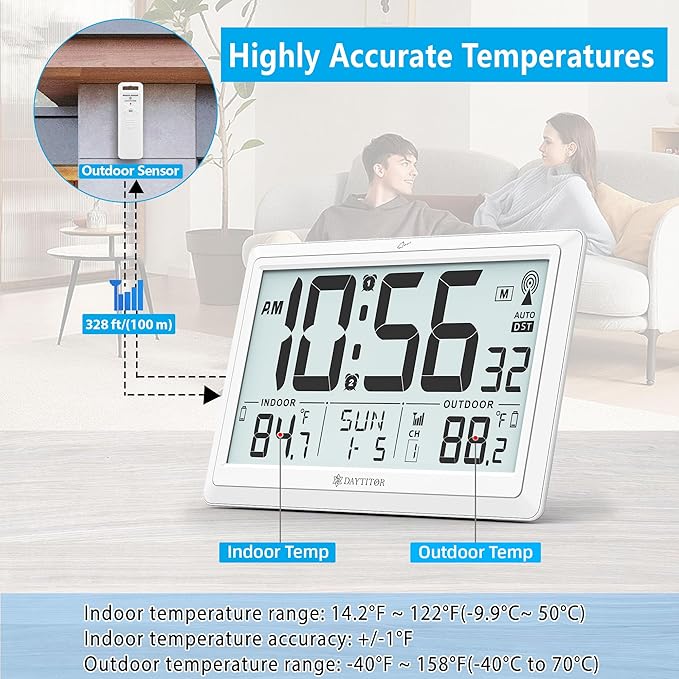 Atomic Clock Wall with Indoor/Outdoor Temp, Battery Operated Digital Wall Clock with 10.5" Large LCD Display, 330ft Range Desk Table Clock with Alarm, DST, Calendar for Living Room Bedroom, White