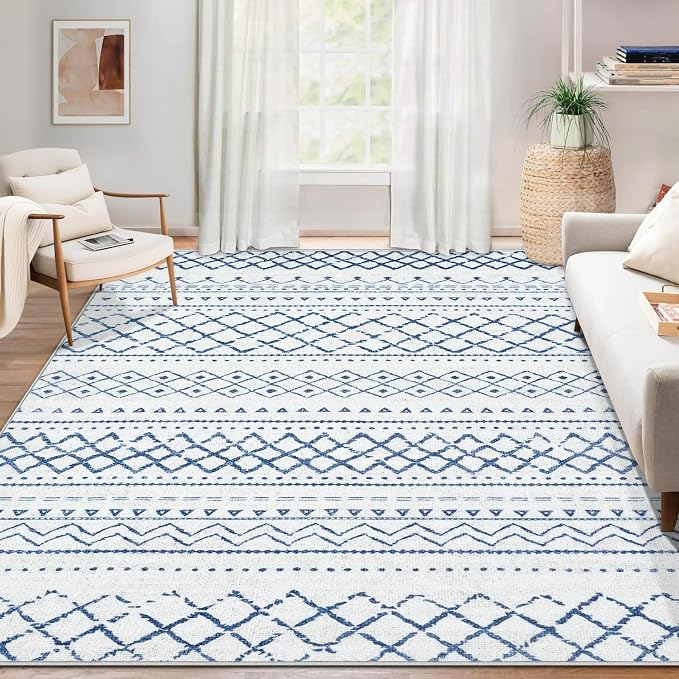 Area Rug for Living Room 6x9: Large Washable Boho Moroccan Rugs Geometric Neutral Rug, Non-Slip Foldable Morden Farmhouse Indoor Floor Carpet for Bedroom Dining Table Home(Blue,6'X9')