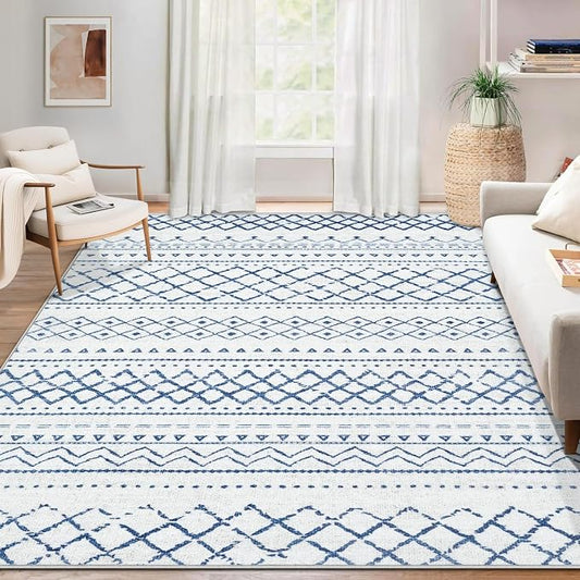 Area Rug for Living Room 6x9: Large Washable Boho Moroccan Rugs Geometric Neutral Rug, Non-Slip Foldable Morden Farmhouse Indoor Floor Carpet for Bedroom Dining Table Home(Blue,6'X9')