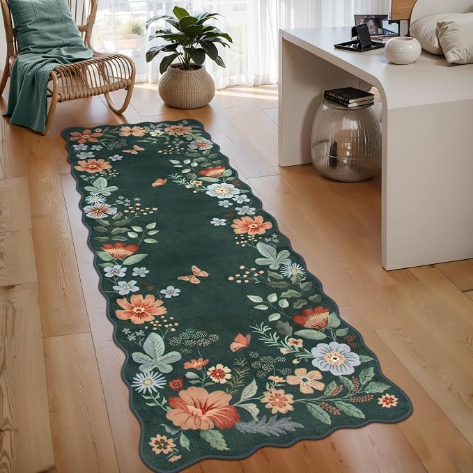 Lahome Floral Hallway Runner, 2X6 Kitchen Washable Runner Rug Non-Slip | Ultra-Thin Soft Stain Resistant Boho Low-Pile Carpet for Kitchen Laundry Bathroom Bedroom Flore Dark, Green