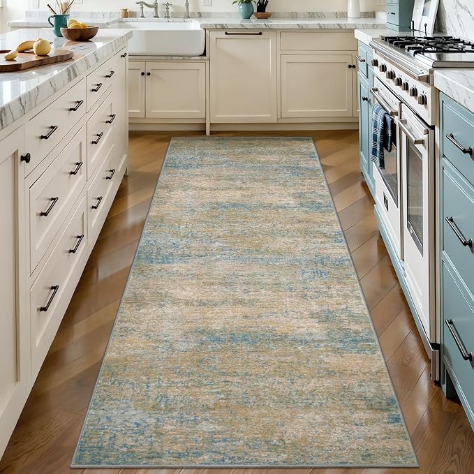Abstract 2x6 Washable Runner Rug for Hallway, Modern Non Slip Runner Rugs | Tangsoo Contemporary Indoor Soft Low Pile Rug Print Carpet Runners for Laundry Entryway Bedroom Kitchen Mist Blue Home Decor
