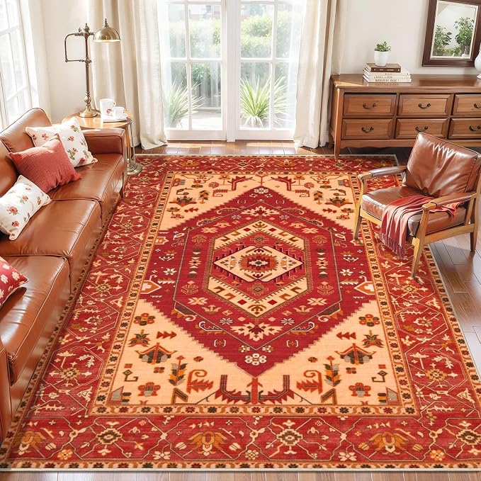 SERISSA 5x7 Washable Non Slip Boho Area Rug for Living Room，Red | Ultra Soft Vintage Oriental Carpet Low-Pile Distressed Tribal Throw Carpet for Bedroom Dining Room Dorm Office Home Decor