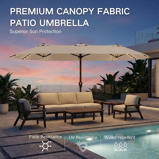 Kingdura 15ft Large Patio Umbrella with Solar Lights, Double-Sided Rectangle Lighted Outdoor Table Umbrella with Base Included, 12 Reinforced Ribs, 48 Led Lights, Crank Lift for Market Pool Deck Backyard, Beige