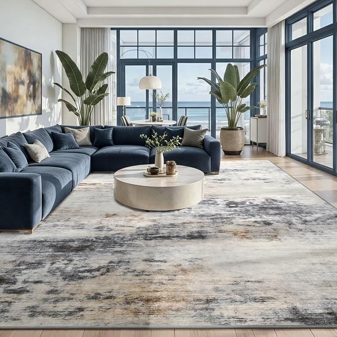 Toneed Washable 9x12 Area Rug with Non-Slip Backing for Living Room | Abstract Modern Rugs, Soft Low Pile Carpet for Bedroom Kitchen Dining Room Nursery Indoor Floor Office Home Decor, Grey/Brown