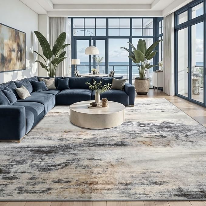 Toneed Washable 8x10 Area Rug with Non-Slip Backing for Living Room | Abstract Modern Rugs, Soft Low Pile Carpet for Bedroom Kitchen Dining Room Nursery Indoor Floor Office Home Decor, Grey/Brown
