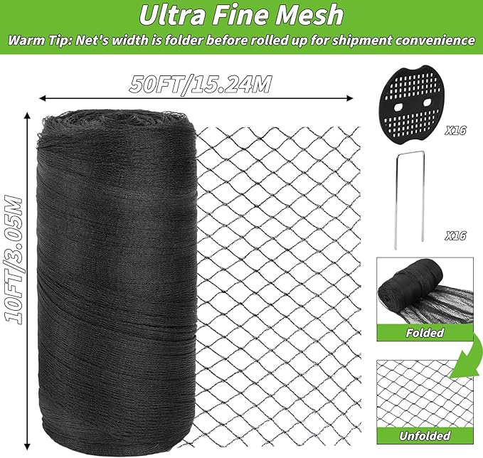 Garden Mesh Netting 10x50 FT - Heavy Duty Bird Net, Mesh Pest Barrier Reusable Ultra Fine Deer Fence Netting Crops Row Cover Raised Bed Protect Fruits Flower Vegetables from Bird Deer Squirrel
