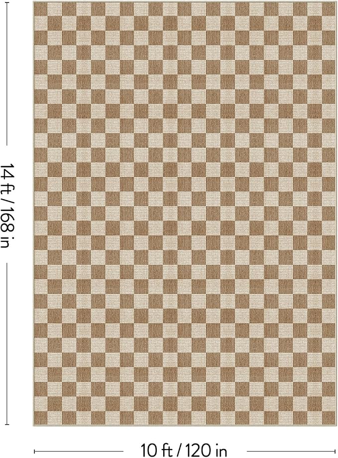 LIVEBOX 10x14 Area Rugs for Living Room, Checkered Non-Slip Washable Rugs, Farmhouse Neutral Classic Geometric Pattern Large Boys Area Rug for Bedroom, Carpet for Dining Room Office (Brown,10'x14')