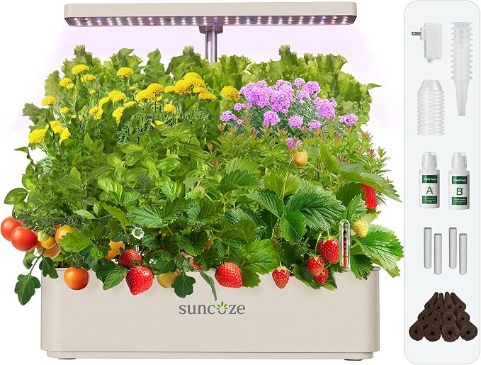 SUNCOZE Hydroponics Growing System, Compact 12 Pods Indoor Garden, Beige | 24W LED Dimmable Grow Light, 4L Water Tank with Quiet Pump, Adjustable Height Herb Garden Planter Indoor Kit, Gardening Gifts