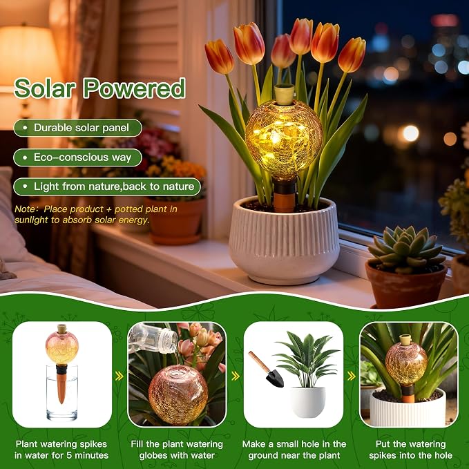 VOREEN Crackle Glass Plant Watering Globe with Terracotta Spike,Self-Watering Irrigation for Potted Plants, with Solar Accent Light for Indoor & Outdoor Décor, 17oz, Yellow–Pink Gradient
