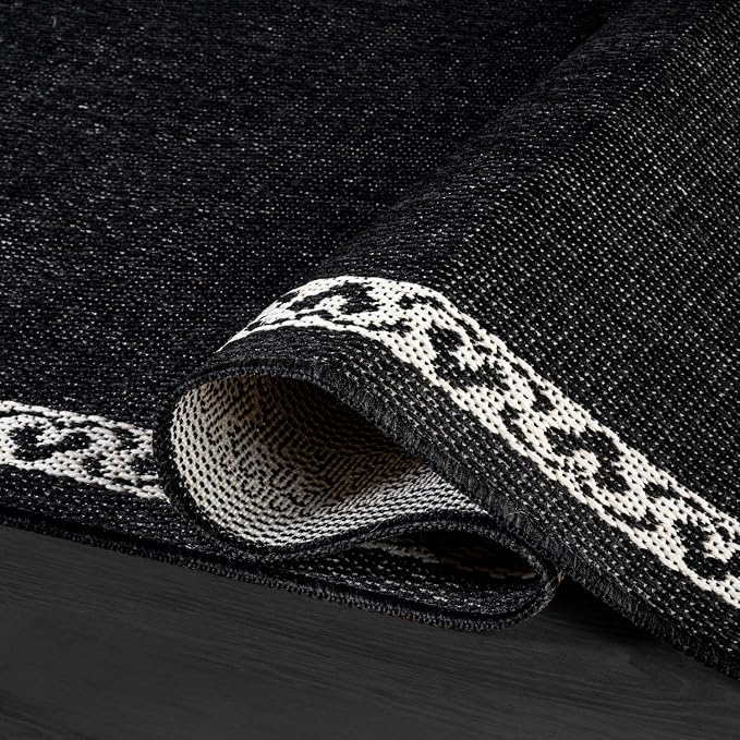 Washable Outdoor Rug 9x12 Modern Area Rugs Outdoor Carpets Bordered Pattern Non Shedding Waterproof Easy Clean Patio Deck Porch Living Room Bedroom Garden RV (9 X 12 Black)