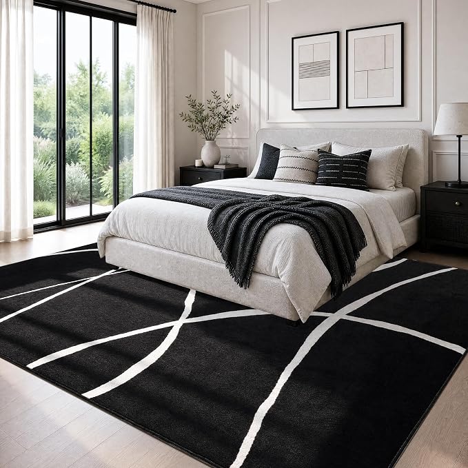 8x10 Washable Modern Abstract Black White Area Rug | Ultra-Thin Low Pile, Non-Slip TPE Backing, Soft Stain Resistant, Machine Washable, for Hallway Entryway Laundry High Traffic
