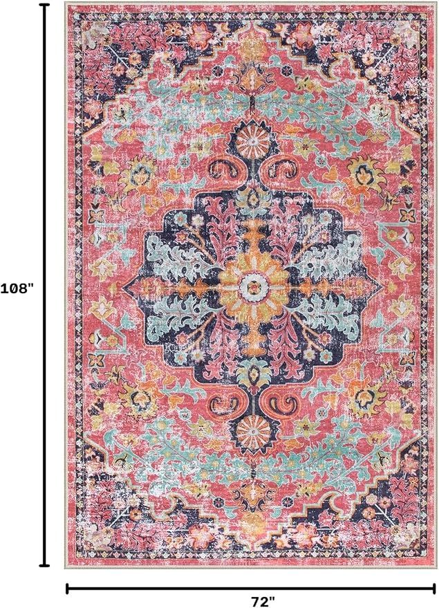 Lahome Reine 6x9 Area Rugs Machine Washable Area Rugs for Living Room, Non Slip Dining Room Rugs for Under Table, Large Bohemian Vintage Non Skid Indoor Carpet for Bedroom Home Office(6x9ft,Fuchsia)