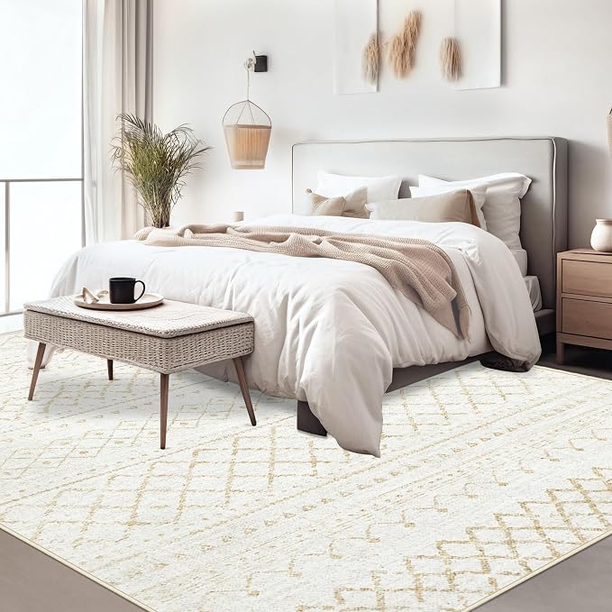 Area Rug for Living Room 9x12: Large Washable Boho Moroccan Rugs Geometric Neutral Rug, Non-Slip Foldable Morden Farmhouse Indoor Floor Carpet for Bedroom Dining Table Home（Beige,9X12）