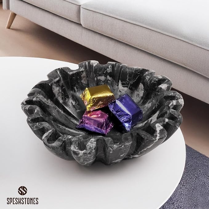 Marble Small Decorative Bowl 6 Inch Handmade Black Ruffle Bowl, Scalloped Bowls for Tables Centerpieces & Housewarming Gifts, Fluted Ring Dish, Fruit & Key Bowl for Entry Table