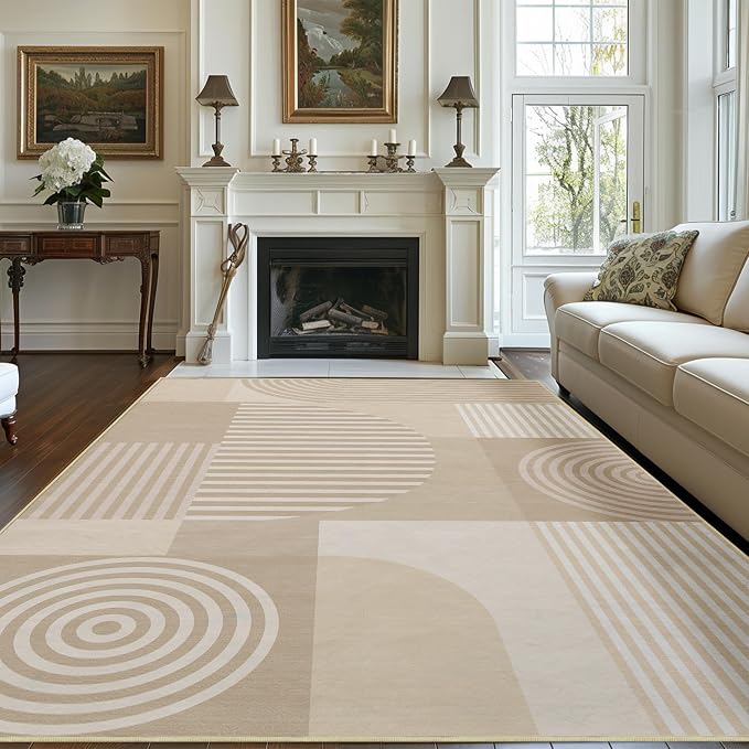 Area Rug 6x9 Living Room Beige Geometric Rug Machine Washable White Minimalist Mid Century Modern Area Rugs Non Slip Low Pile Large Dining Room Indoor Floor Carpet for Bedroom Office,Beige