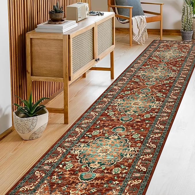 U'Artlines 2' x 10' Boho Hallway Runner Rug, Washable Carpet, Rust＆Teal | Non Slip, Vintage Farmhouse Accent Area Rug Carpet, for Kitchen Entryway Laundry and Living Room