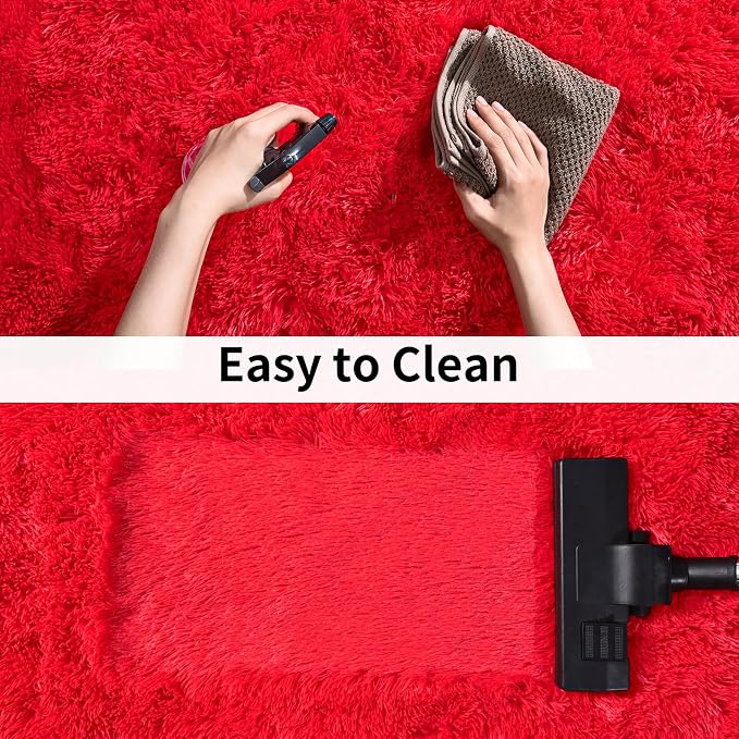Soft Shag Fluffy Living Room Rug 5x7 Red Washable | Upgrade Non-slip, 5 x 7 Shaggy Rugs for Bedroom Christmas, High Pile Fuzzy Plush Carpet Kids Room Dorm, Flame Resistant