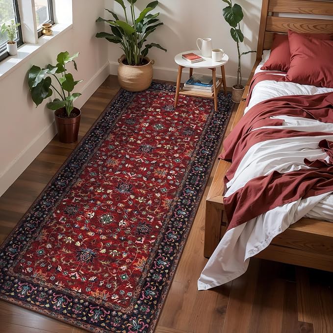 Red 2x5 Washable Runner Rugs for Hallways, Oriental Non Slip Rug Runner | Tangsoo Boho Soft Low Pile Rug Runner, Vintage Floral Print Carpet Runners for Entryway Kitchen Bedroom Living Room Red/Black