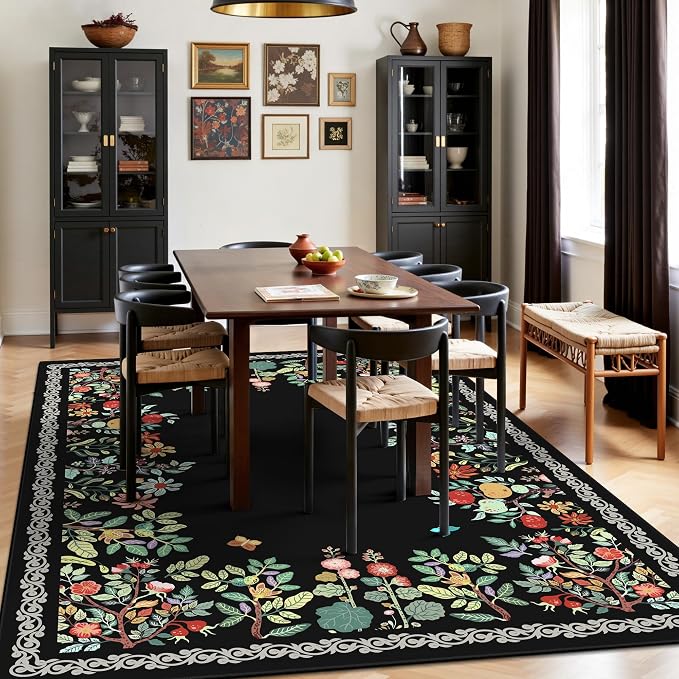 5x7 Area Rugs, Ultra-Thin Soft Rugs for Bedroom, Indoor Non-Slip Washable Rug for Living Room, Dining Room, Low Pile Home Decor Floral Rug(Black)