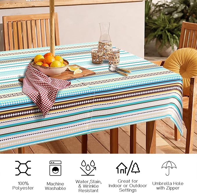 Outdoor Tablecloth with Umbrella Hole and Zipper, Rectangle Patio Table Covers for Spring/Summer, Machine Washable Outdoor Picnic Table Cloth (Stripes, 60" × 84" Rectangular)