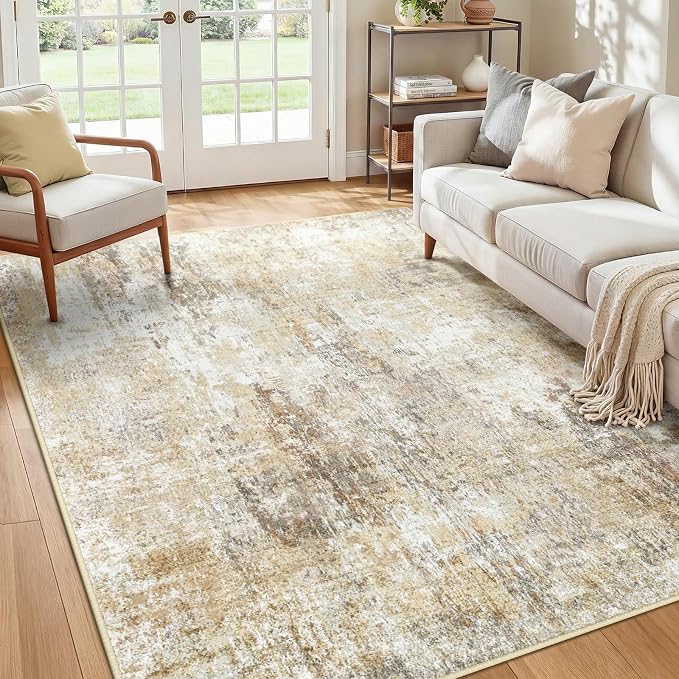 RELEANY Washable 5'x8' Abstract Area Rug for Living Room Neutral Brown | Carpet for Bedroom, Kitchen, Office, Hallway and Entryway, Printed Pattern, Non‑Slip, Soft, Stain‑Resistant, Easy to Clean