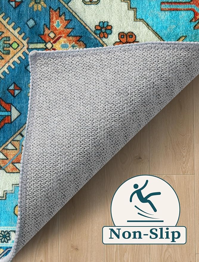 SERISSA 2'6"x16' Washable Non Slip Boho Runner Rug for Hallway，Blue | Ultra Soft Vintage Oriental Carpet Low-Pile Tribal Floor Carpet for Kitchen Bedroom Entryway Bathroom Laundry Room